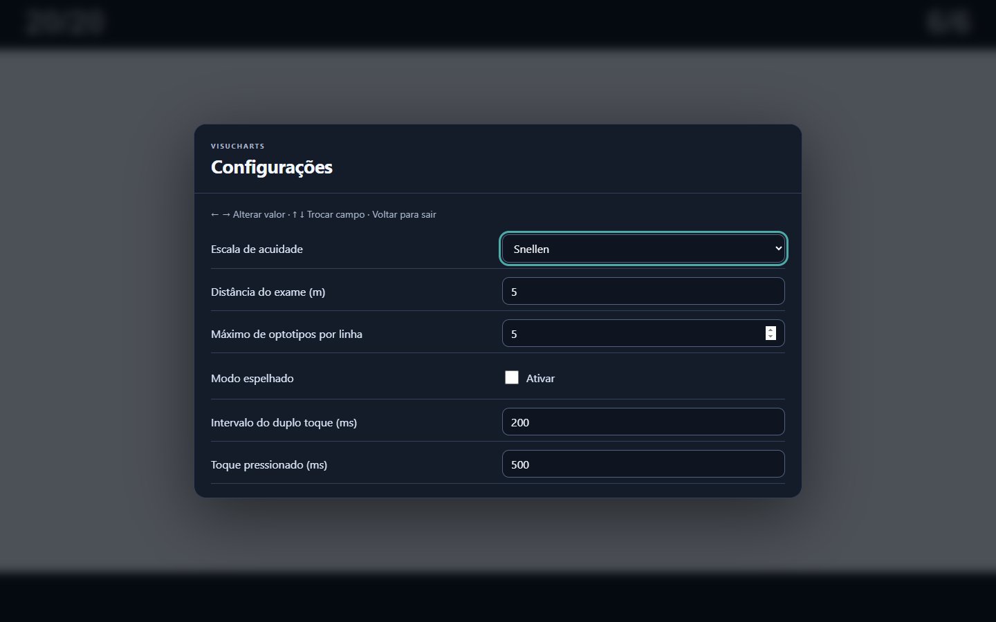 Configurações do aplicativo com escala, distância e ajustes do controle