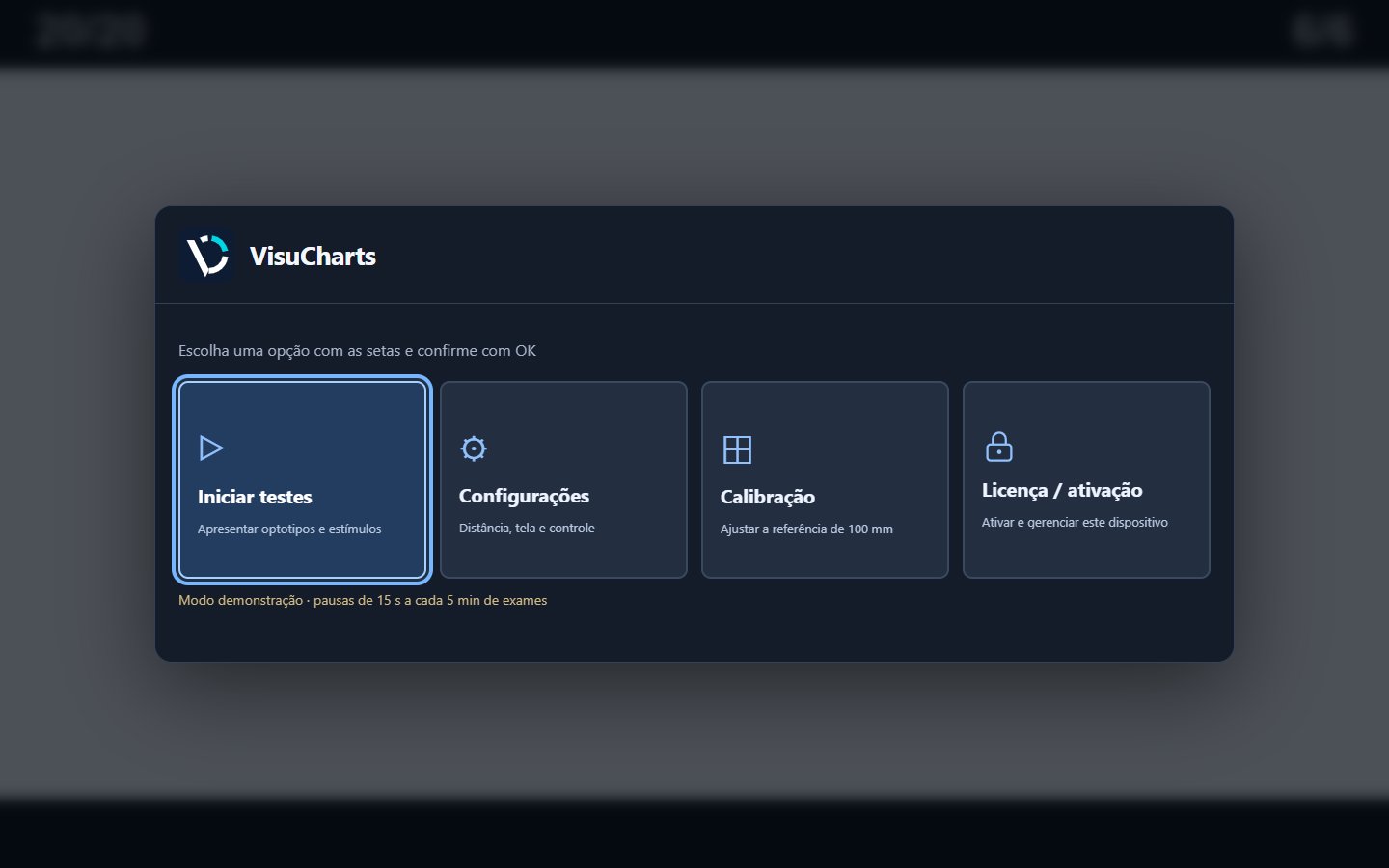Menu inicial com acesso a testes, configurações, calibração e licença